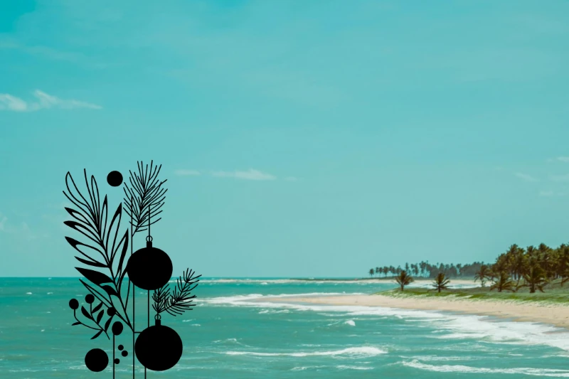 A tropical beach and Christmas decorations.