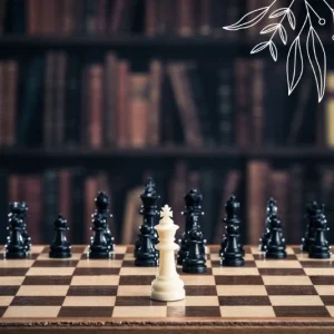 A chessboard with a white king in the center. In the background, a bookshelf with old books.