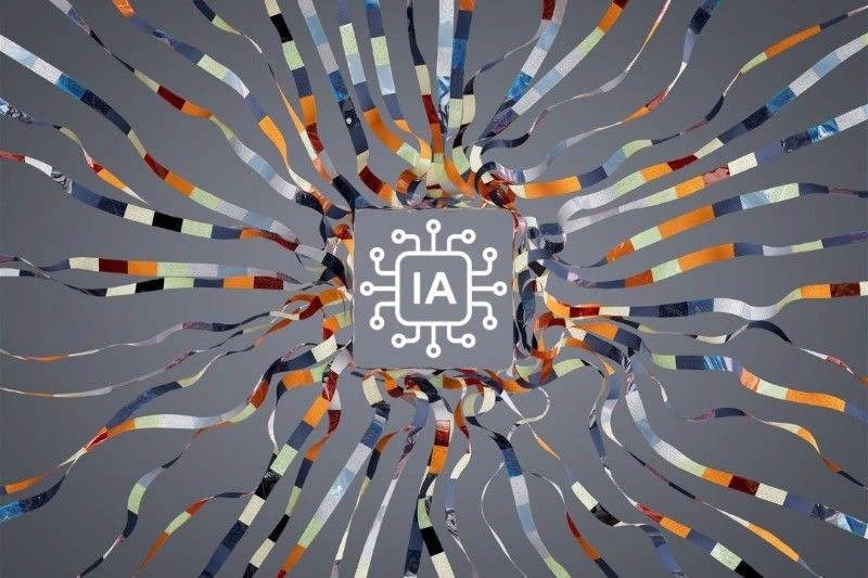 Fitas coloridas em fundo cinza. No centro, a sigla IA e circuitos de computador.
